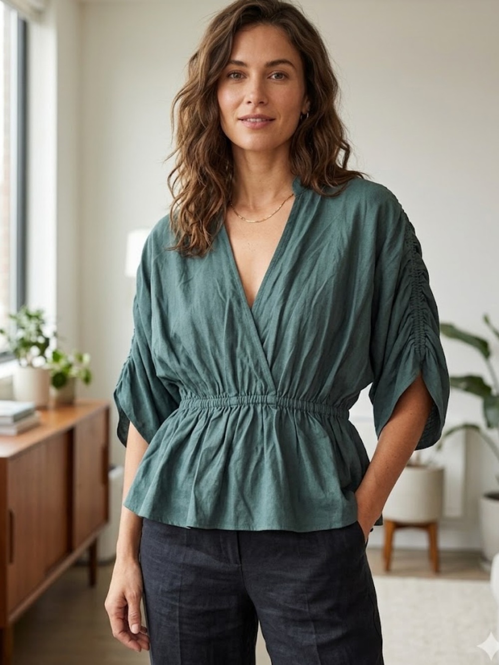 Maeve Teal Green V-Neck Ruched Sleeve Peplum Top